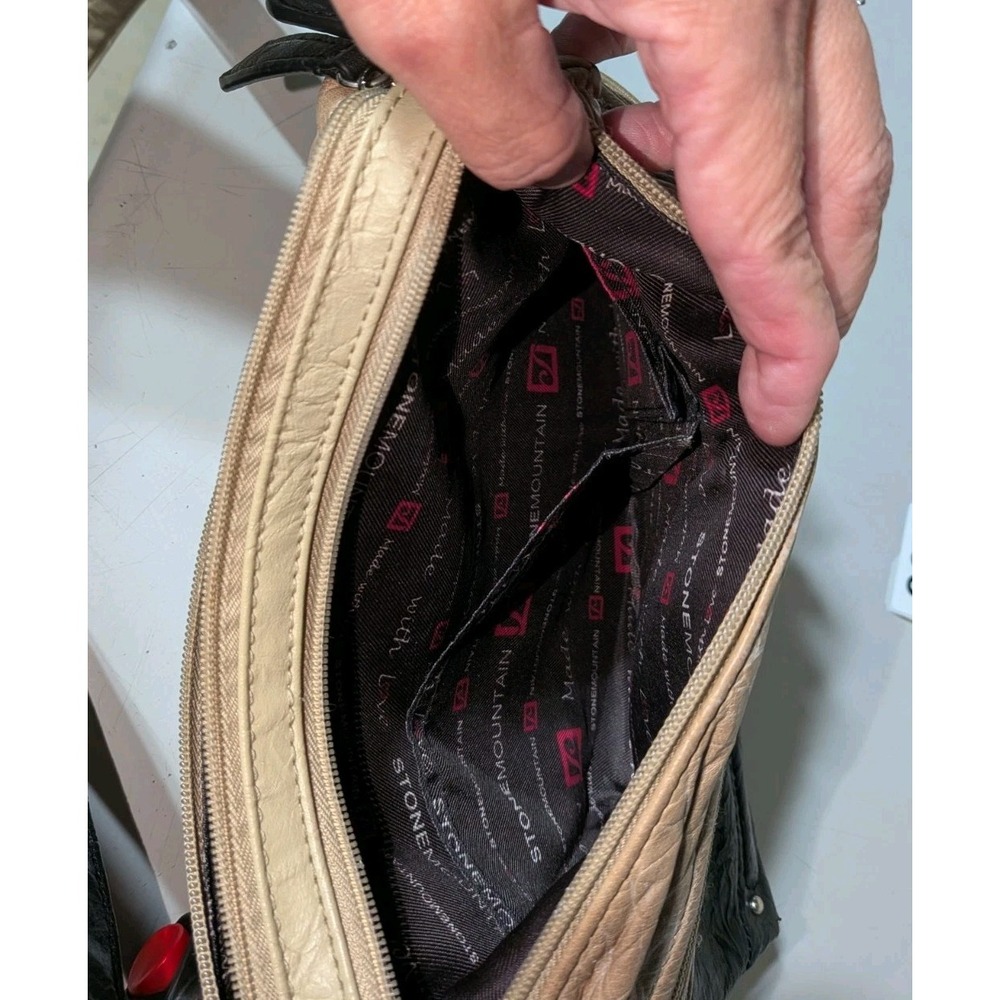 Stone Mountain Colorblock Shoulder Bag Black/Beige Zip Pockets Silver Hardware - Picture 5 of 16